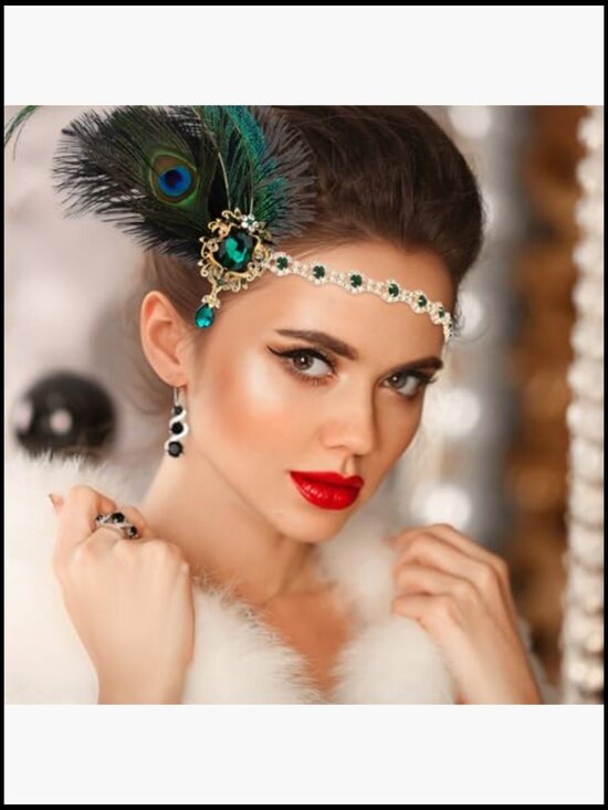 Peacock Feather Flapper Headband Vintage 1920s Sequin Mardi Gras Gatsby Hair main image 4